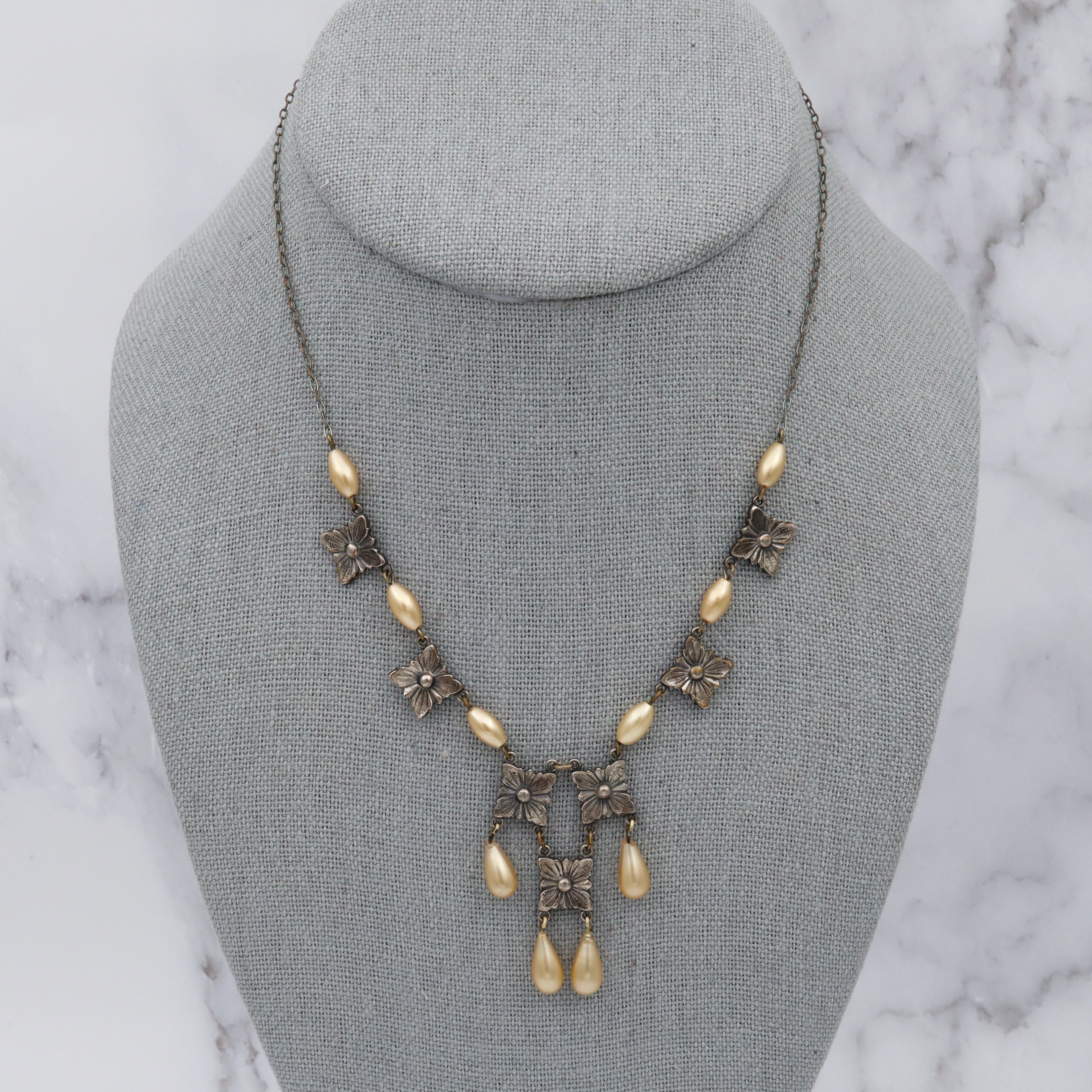 Antique Victorian silver plated brass geometric flower link & faux pearl drop necklace, 15"